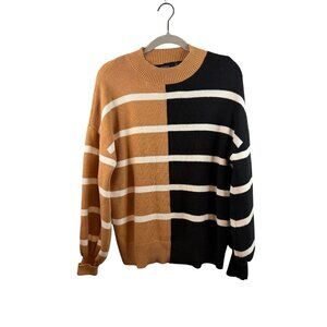 Zesica Womens Colorblock Striped Knit Sweater L Black & Camel Viscone Blend